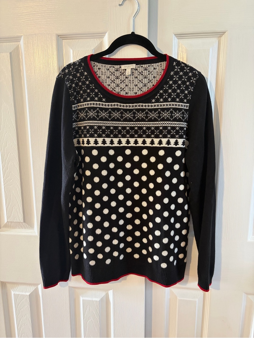 Talbots Black & White Polka Dot Fair Isle Christmas Sweater With Red Trim Size M